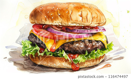 Watercolor art illustration of american hamburger Watercolor art illustration of american hamburger 116474497