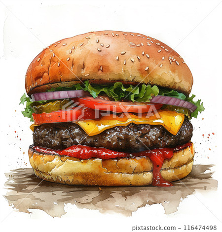 Watercolor art illustration of american hamburger Watercolor art illustration of american hamburger 116474498