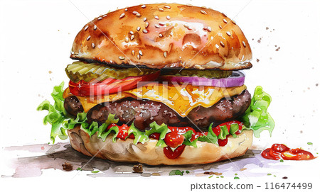 Watercolor art illustration of american hamburger 116474499