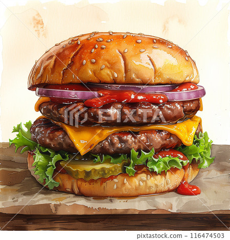 Watercolor art illustration of american hamburger Watercolor art illustration of american hamburger 116474503