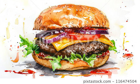 Watercolor art illustration of american hamburger Watercolor art illustration of american hamburger 116474504