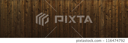 Background image of a dark brown horizontal wooden fence with visible wood grain and knots 116474792