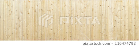 Background image of a horizontal wooden fence of light white color with visible grain and knots 116474798