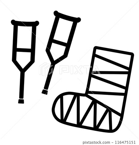 Illustration of a leg cast and crutches. Hospitalization, injury, treatment, rehabilitation icon Illustration of a leg cast and crutches. Hospitalization, injury, treatment, rehabilitation icon 116475151