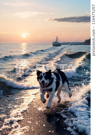 A dog running with a smile against the backdrop of the setting sun A dog running with a smile against the backdrop of the setting sun 116475267