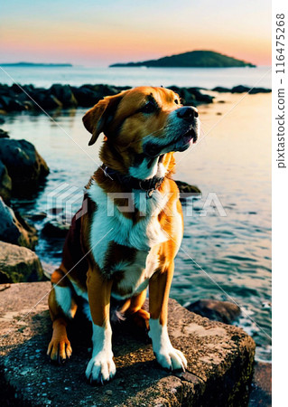 A dog bathed in the sunset by the sea A dog bathed in the sunset by the sea 116475268
