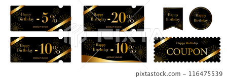 別緻的黑色和金色豪華優惠券向量圖示集 2，可用於生日銷售 116475539
