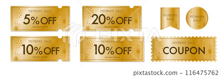 A luxurious, pop, gold coupon vector icon set that can be used for member sales A luxurious, pop, gold coupon vector icon set that can be used for member sales 116475762