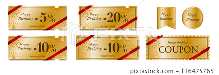 Set of 2 luxurious and chic gold coupon vector icons for birthday sales Set of 2 luxurious and chic gold coupon vector icons for birthday sales 116475765