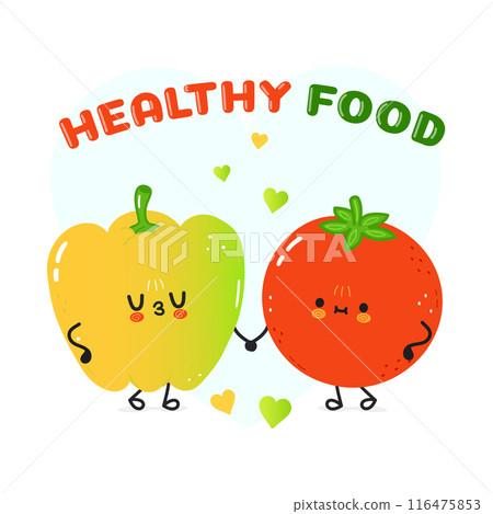 Yellow pepper and tomato card. Vector hand drawn doodle style cartoon character illustration icon design. Happy green pepper and tomato friends concept card Yellow pepper and tomato card. Vector hand drawn doodle style cartoon character illustration icon design. Happy green pepper and tomato friends concept card 116475853