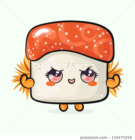 Cute funny Sushi strong. Vector hand drawn cartoon kawaii character illustration icon. Isolated on light green background. Sushi shows muscles character concept 116475859
