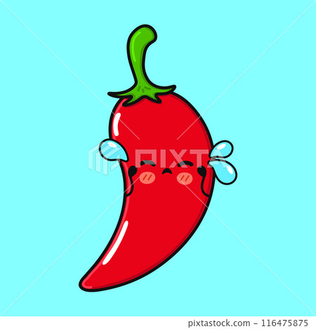 Crying Chili pepper character. Vector hand drawn cartoon kawaii character illustration icon. Isolated on blue background. Sad Chili pepper character concept 116475875