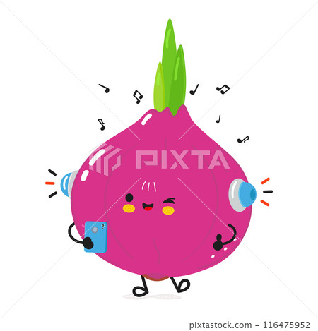 Onion listens to music on headphones with a smartphone. Vector hand drawn cartoon kawaii character illustration icon. Isolated on white background. Onion character concept 116475952