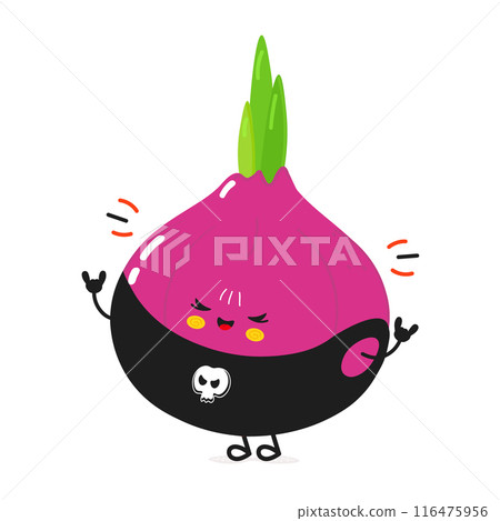 Onion heavy metal character. Vector hand drawn cartoon kawaii character illustration icon. Isolated on white background. Onion character concept 116475956