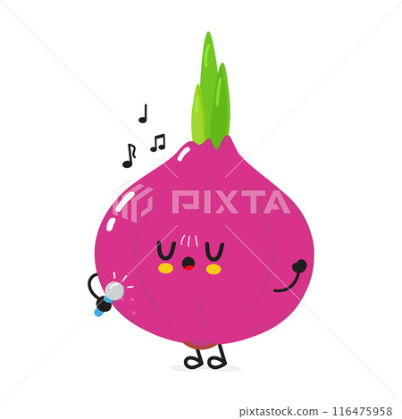 Onion sings into a microphone character. Vector hand drawn cartoon kawaii character illustration icon. Isolated on white background. Onion character concept 116475958