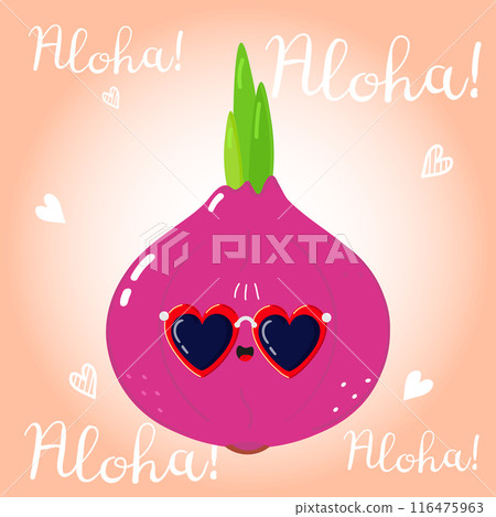 Cute funny Onion character. Vector hand drawn cartoon kawaii character illustration icon. Isolated on pink background. Onion character concept. Aloha card Cute funny Onion character. Vector hand drawn cartoon kawaii character illustration icon. Isolated on pink background. Onion character concept. Aloha card 116475963