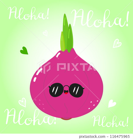 Cute funny Onion character. Vector hand drawn cartoon kawaii character illustration icon. Isolated on green background. Onion character concept. Aloha card Cute funny Onion character. Vector hand drawn cartoon kawaii character illustration icon. Isolated on green background. Onion character concept. Aloha card 116475965