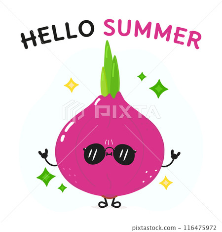 Onion character. Hello summer card. Vector hand drawn cartoon kawaii character illustration icon. Isolated on white background Onion character concept 116475972