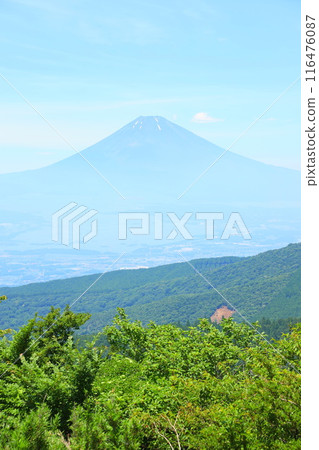 從蘆之湖天際線上的尺子峠眺望夏季的富士山 116476087