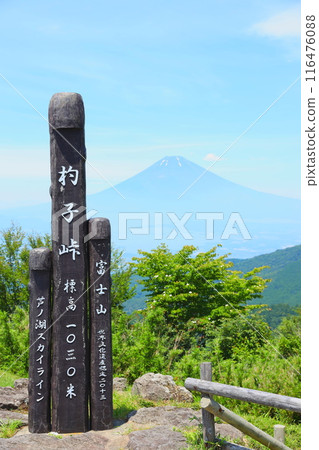 從蘆之湖天際線上的尺子峠眺望夏季的富士山 116476088