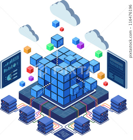 Isometric Data Center Block with Servers and Cloud Computing 116476196