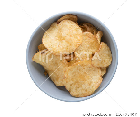 Organic potato chips in blue bowl isolated on white Organic potato chips in blue bowl isolated on white 116476407