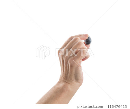 Mid aged female hold blueberry isolated on white 116476413