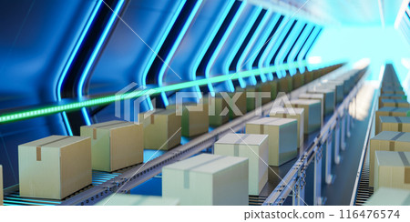 3D rendering of cardboard boxes on conveyor belts 3D rendering of cardboard boxes on conveyor belts 116476574