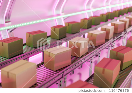 Warehouse reflecting in pink light with carton boxes on conveyers. 3d render 116476576