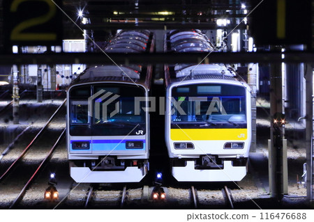 Night view of trains parked at Mitaka Vehicle Center Night view of trains parked at Mitaka Vehicle Center 116476688