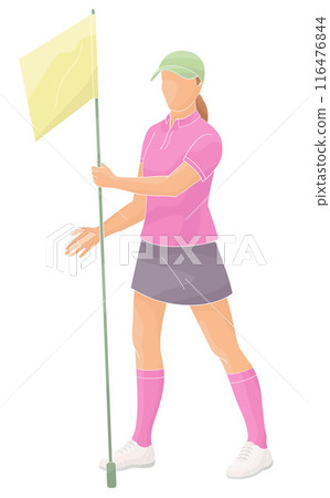 smiling golf club staff character female caddie with flag smiling golf club staff character female caddie with flag 116476844