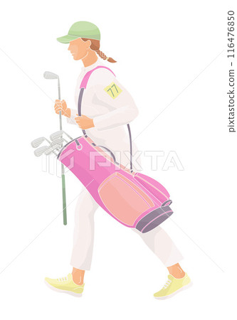 smiling golf club staff character  female caddiewith golf club and club bag 116476850
