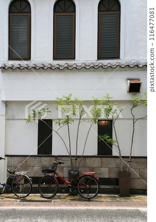 Cafe window and bicycle 116477081