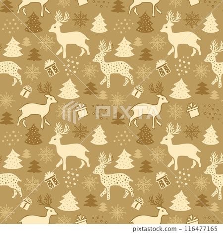 Beige Cute Hand Drawn Retro Seamless Pattern with Christmas Deer Animals and Pine Trees 116477165