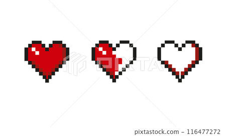 Three pixel red hearts, pixel life level, game progress indicators in the form of red hearts on white background 116477272