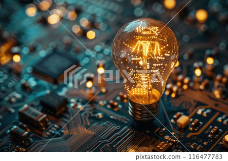 Lightbulb glowing on a circuit board, symbolizing technology ideas. 116477783