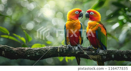 Two vibrant parrots perched on a branch in a rainforest. 116477835