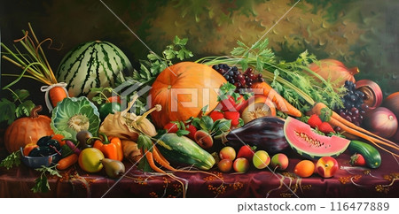Vivid Portrayal of Fresh Summer Produce in Colorful Composition 116477889