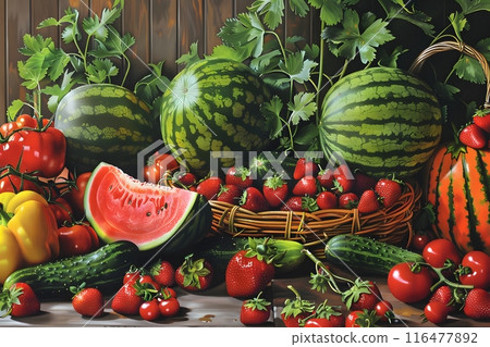 Vibrant Display of Fresh Summer Fruits and Vegetables Bursting with Color and Flavor 116477892