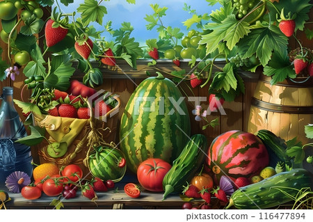 Rustic Still Life Painting with Vegetables on Wooden Shelf 116477894