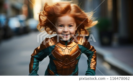 Joyful young redhead girl in a superhero costume running and playing on a city street. Concept of imagination, childhood, and strength. 116478062