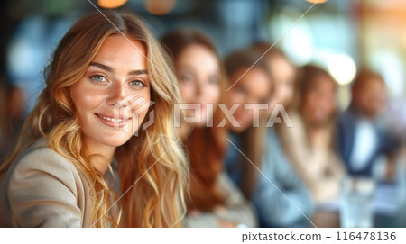 Portrait of a confident young businesswoman with long blonde hair smiling in front of her team. Concept of leadership, teamwork, and success in business. 116478136