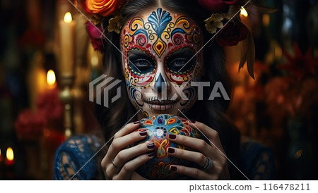 Woman with Sugar Skull Makeup for Day of the Dead Celebration 116478211
