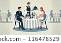 A couple dining at a restaurant with a waiter serving food 116478529