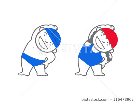 穿著泳衣的男孩女孩熱身,藍色帽子,紅色帽子 穿著泳衣的男孩女孩熱身,藍色帽子,紅色帽子 116478902