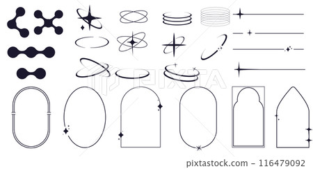 Set of y2k minimal geometric shapes thin line rings, abstract aesthetic element illustrated for banners, social media, poster design, sticker. Trendy design with frame, sparkles, star, lines 116479092
