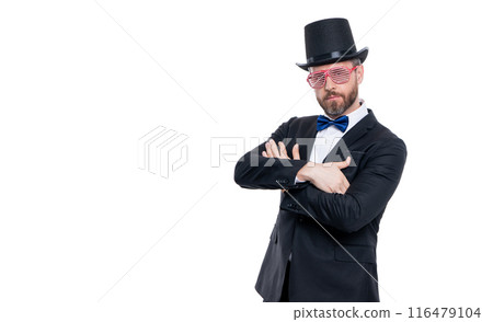 partygoer showman wear tuxedo in studio with copy space. showman partygoer having fun. 116479104