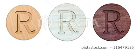 A set of round wooden plates engraved with the registered trademark mark R in English. 116479156