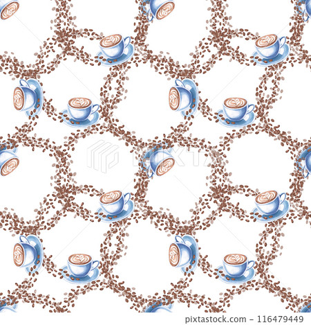 Seamless pattern with cappuccino slash and coffee beans in watercolor illustration. Hand drawn pattern for coffee shops, cookbooks, workshops, bakeries. Seamless pattern with cappuccino slash and coffee beans in watercolor illustration. Hand drawn pattern for coffee shops, cookbooks, workshops, bakeries. 116479449