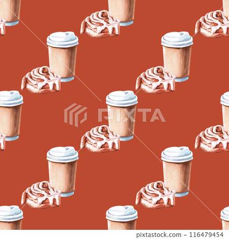 Seamless pattern with a cup of coffee in a watercolor illustration with a cinnamon bun. Hand drawn pattern for coffee shops, cookbooks, workshops, bakeries. 116479454